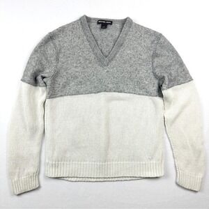 Michael Kors V-Neck Sweater Mens LARGE White‎ Gray Linen Cashmere Blend Pullover